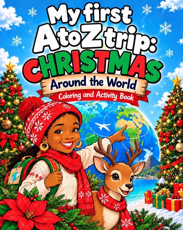 Cover of My First A to Z Trip: Christmas Around the World, a coloring and activity book, showing Mrs. Roo pointing at a globe beside a reindeer.