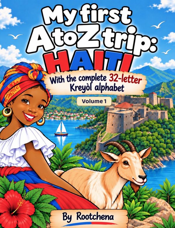 Cover of My First A to Z Trip: Haiti, showing Mrs. Roo with a goat in front of a hilltop fortress.